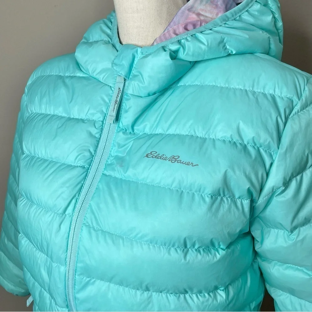 Eddie Bauer Girls Reversible Teal Blue Purple Down Puffer Jacket Extra Large 16